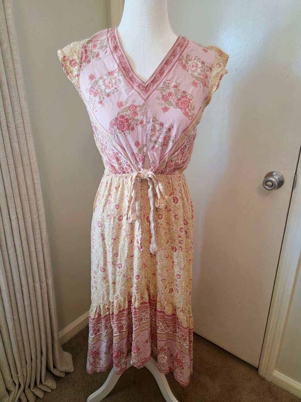 Sincerely Jules Dress Maxi Floral Tie Waist Pink Yellow Cottagecore Boho Small